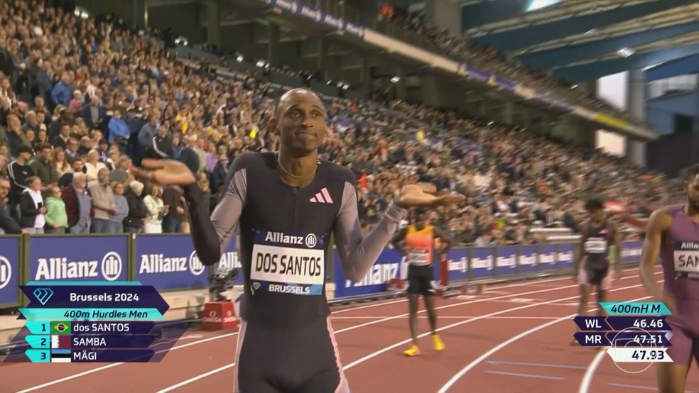 Alisson dos Santos, o Piu conquistou o título dos 400m com barreiras na etapa final da Diamond League — Foto: Reprodução/TV Globo
