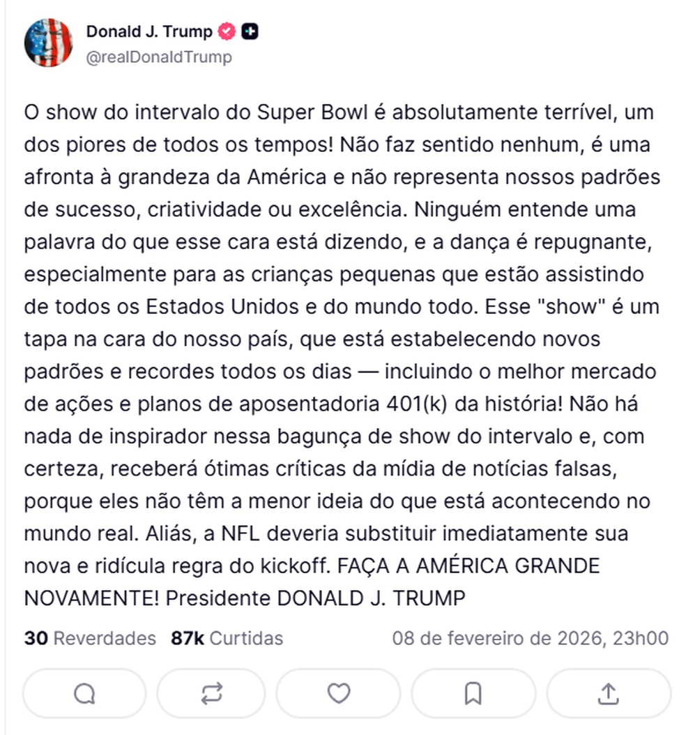 Trump detona show de Bad Bunny — Foto: Reprodução/Truth Social