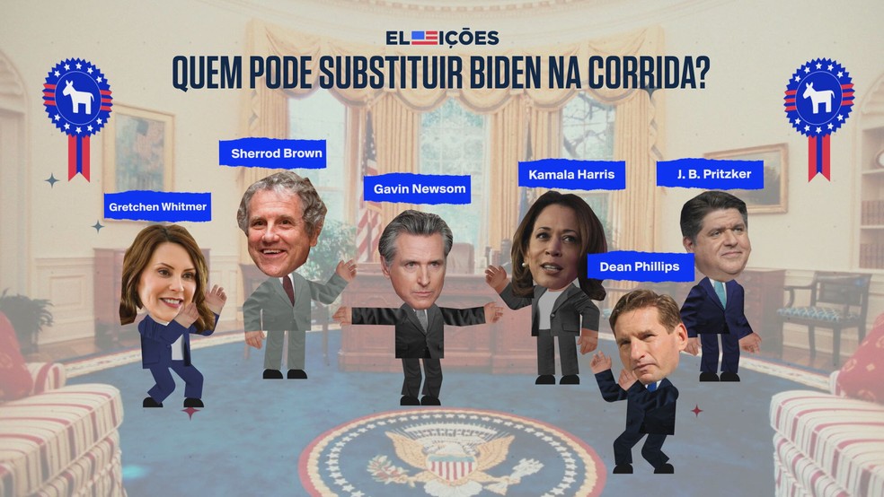 Veja quem são as opções dos democratas caso Biden desista da corrida eleitoral. — Foto: GloboNews/Jacqueline Santiago