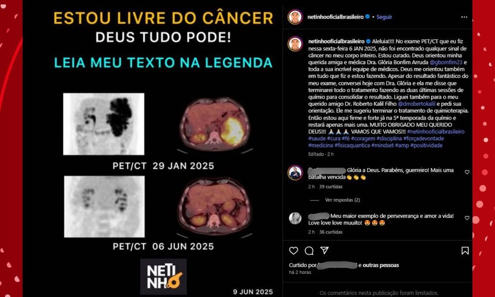 Cantor Netinho anuncia cura do câncer após recente internação: 'Aleluia' — Foto: Reprodução/Redes sociais