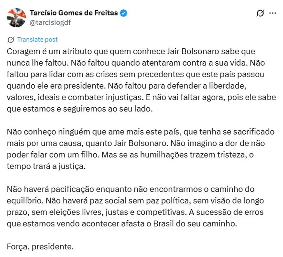 Tarcísio se manifesta no X em apoio a Bolsonaro — Foto: Reprodução/X