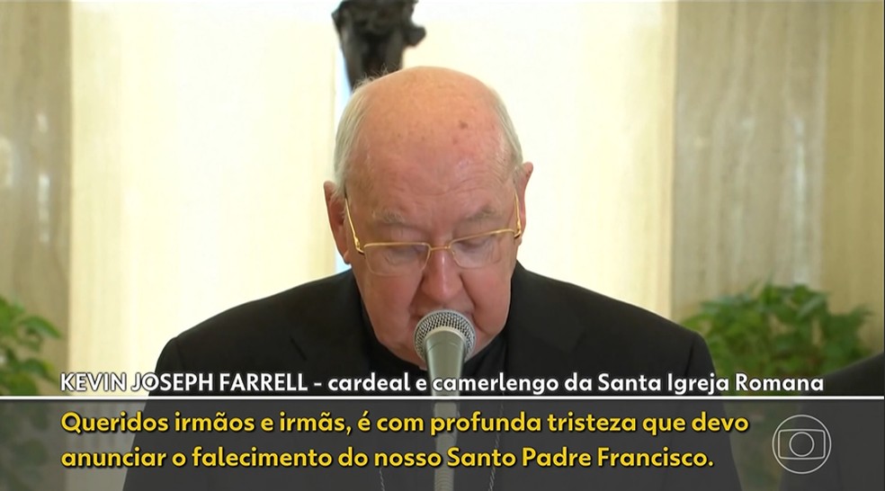 Carmelengo Kevin Farrell anuncia a morte do Papa Francisco — Foto: Reprodução/TV Globo