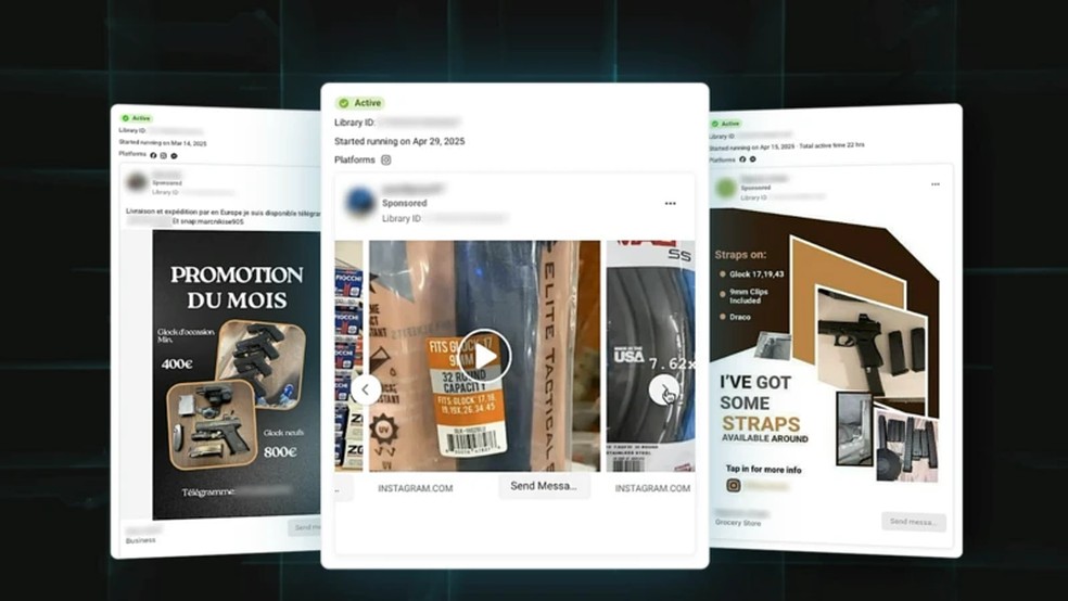 Anúncios de venda de armas seguem constando como ativos no banco de dados da Meta, segundo investigação da BBC — Foto: Meta/BBC