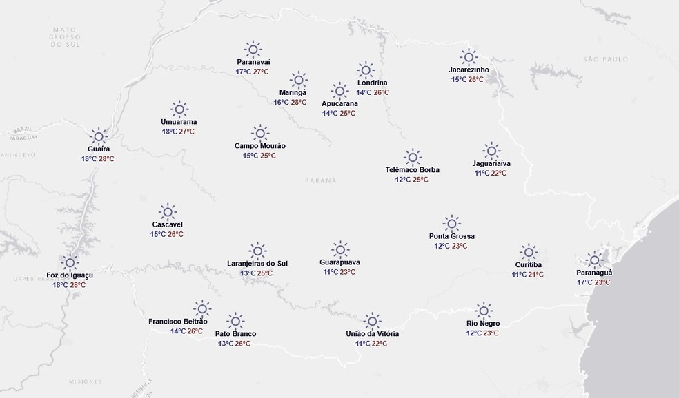Previsão para segunda-feira, 10 de novembro — Foto: Reprodução/Simepar