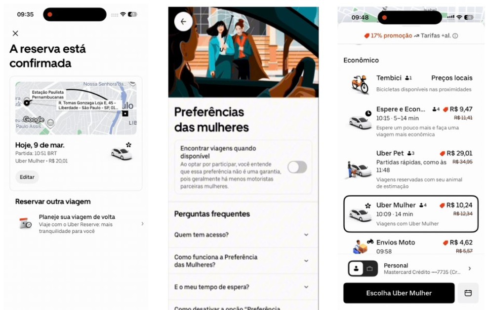 Uber Mulher está disponível pelo Uber Reserve, pelas preferências do aplicativo e pela opção exibida junto com outras categorias do aplicativo — Foto: Divulgação/Uber