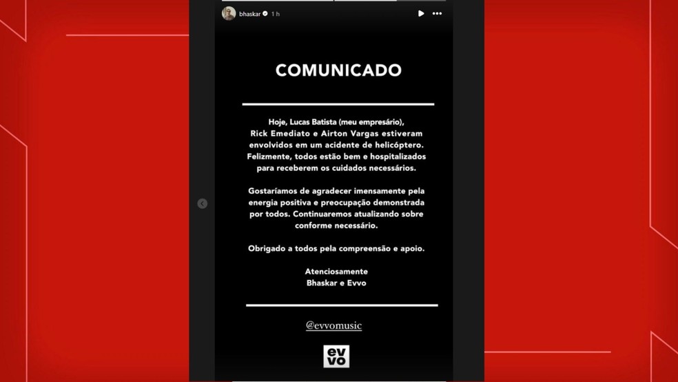 DJ Bhaskar posta em suas redes sociais sobre acidente de helicóptero. — Foto: Reprodução/Instagram