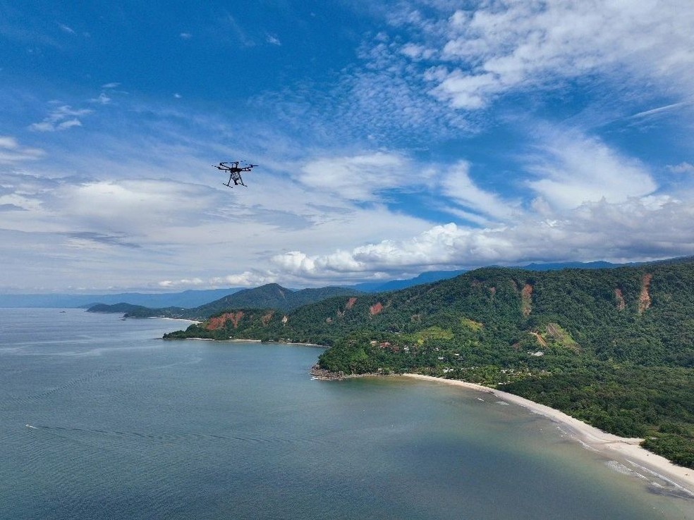 Drone replanta árvores em áreas onde houve deslizamentos em São Sebastião — Foto: Dovulgação/Ambipar