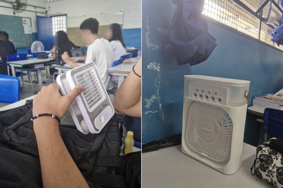 Ar-condicionado portátil se tornou material escolar em Praia Grande, SP — Foto: Arquivo pessoal
