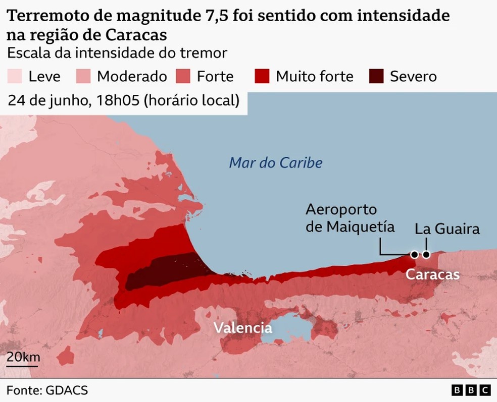 Mapa da BBC mostra terremotos que devastaram a Venezuela em 24 de junho de 2026. — Foto: BBC