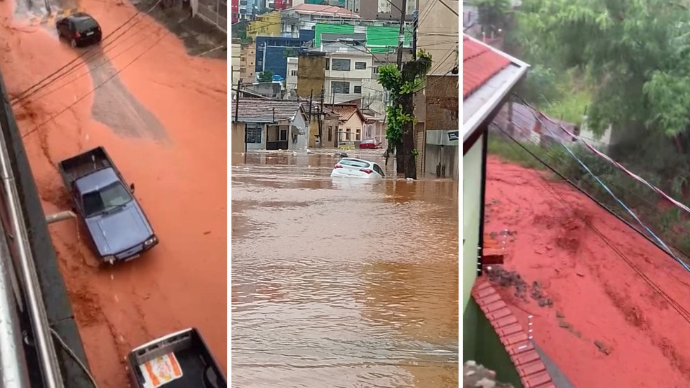 Temporal alagou a cidade, com a água invadindo casas, comércios e deixando carros submersos. — Foto: Reprodução