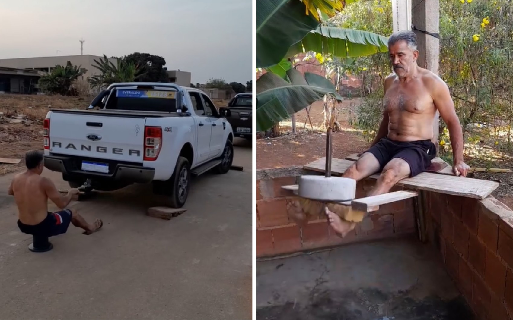 Remada com caminhonete, extensão de perna com bloco de concreto e mais: conheça influenciador que faz sucesso com vídeos de treinos improvisados, em Goiás