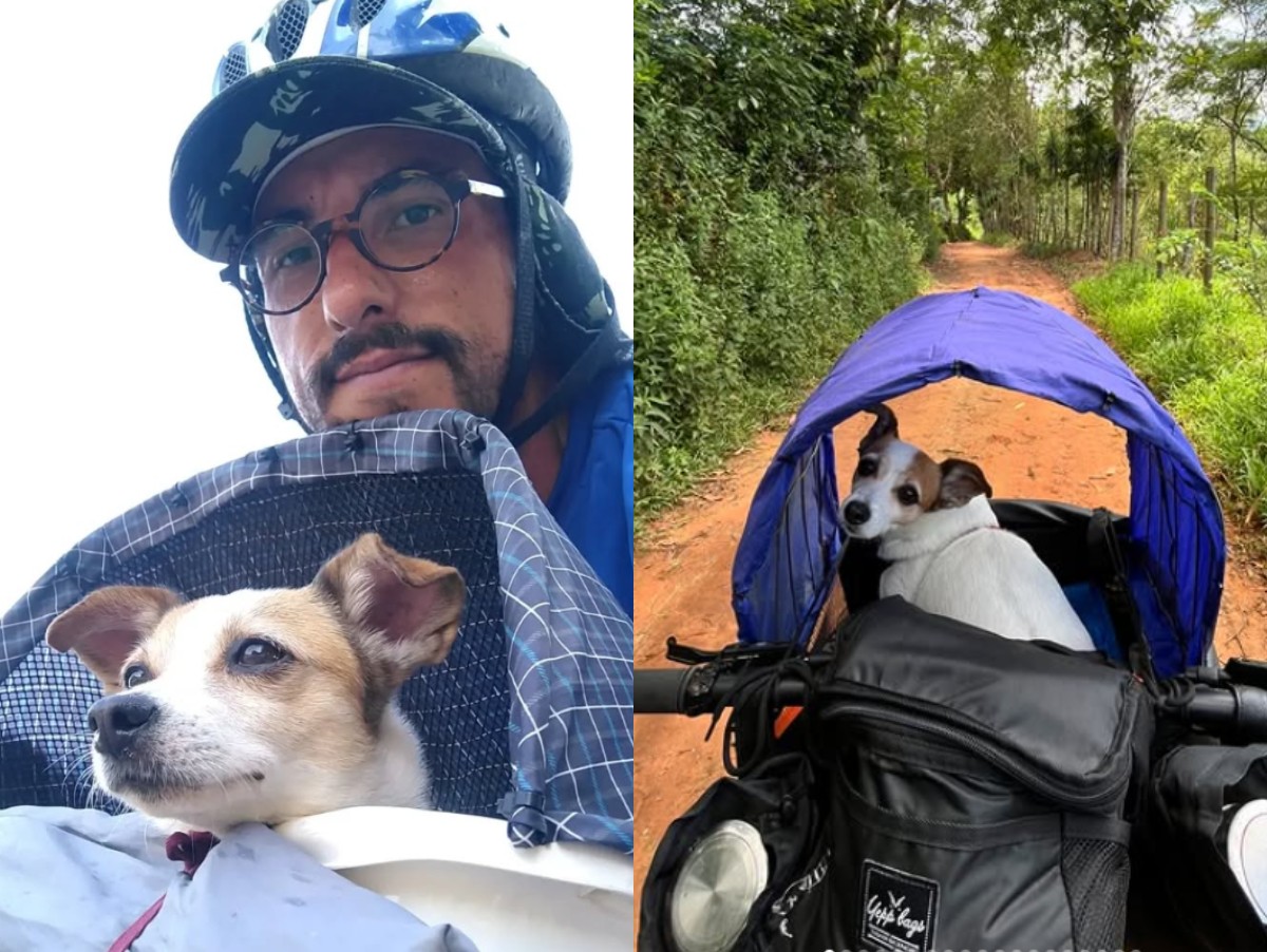 Cobertura UV e tapete gelado: ciclista de SC que superou câncer adapta bike e pedala 12 mil km com cachorra