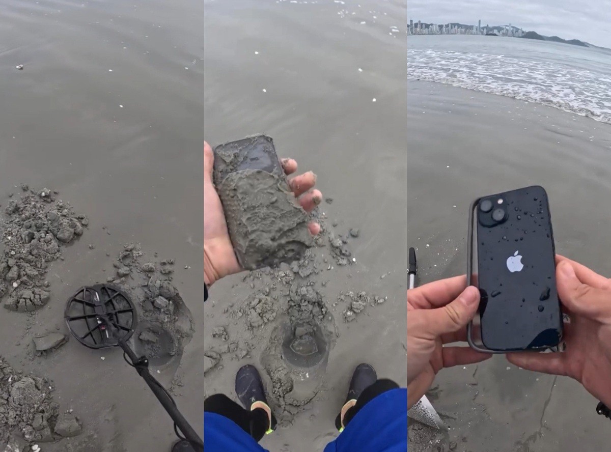 Jovem com detector de metais encontra iPhone intacto enterrado em praia de Balneário Camboriú e devolve à dona; VÍDEO