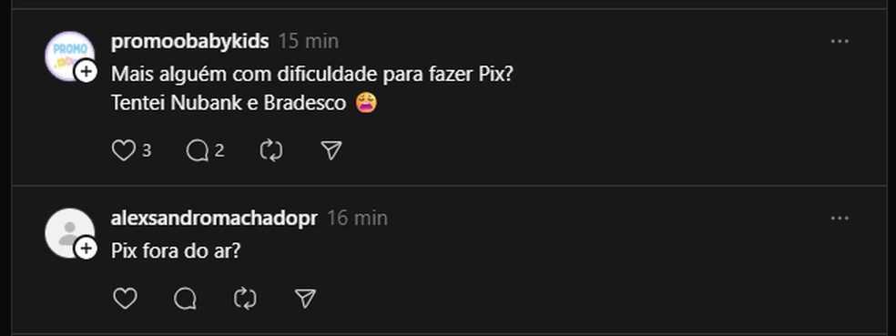 Usuários relatam instabilidade no PIX nas redes sociais nesta segunda-feira (29). — Foto: reprodução/Threads