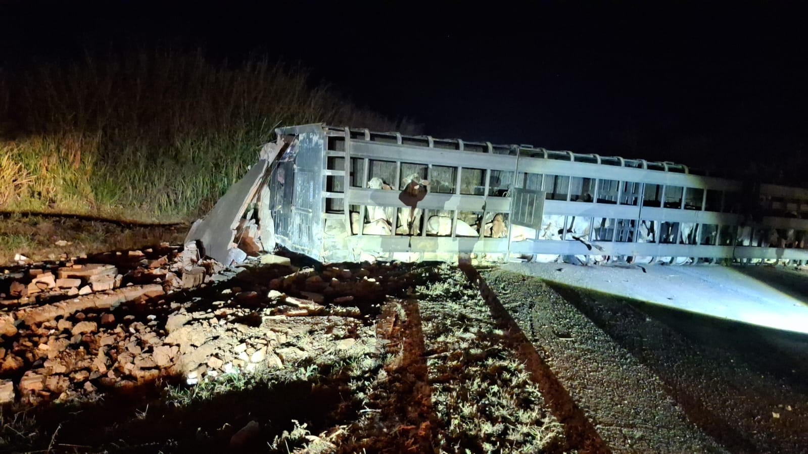 Carreta boiadeira tomba na BR-365, atinge guarita de ônibus e deixa dois feridos em MG