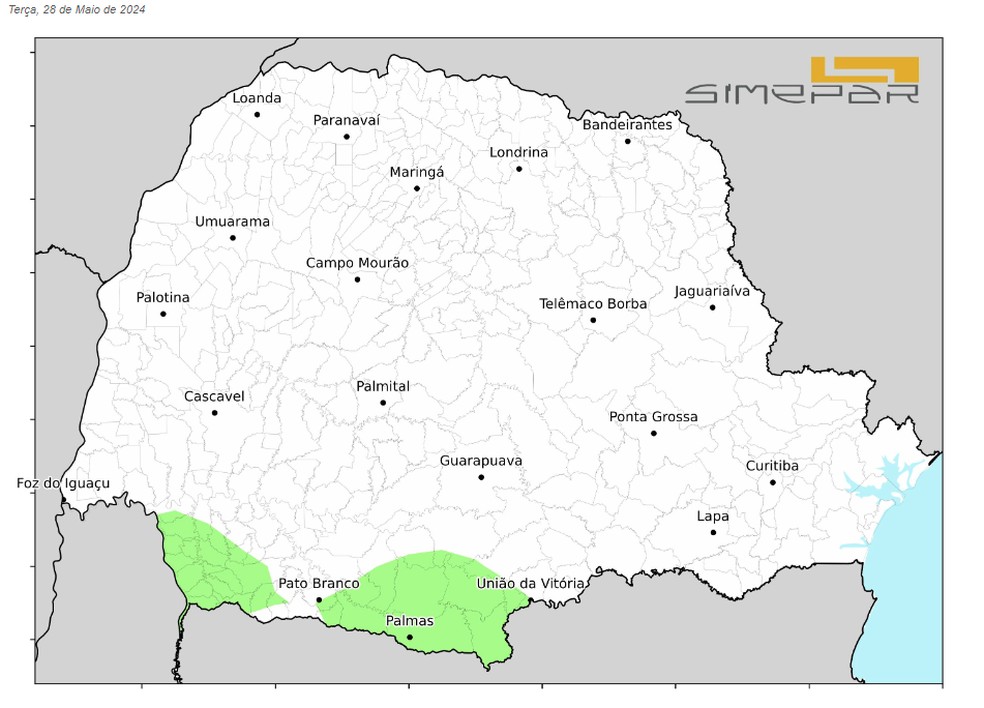 Previsão de geada fraca nas regiões em verde no mapa — Foto: Simepar