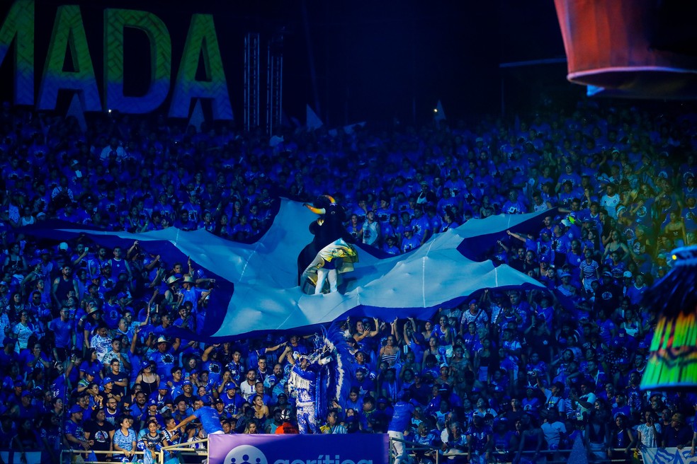 Boi Caprichoso no meio da galera na arquibancada — Foto: Secom