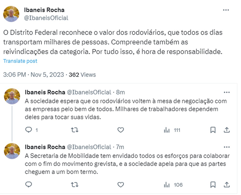 Tweet do governador Ibaneis Rocha sobre a greve dos rodoviários. — Foto: Reprodução/Redes sociais