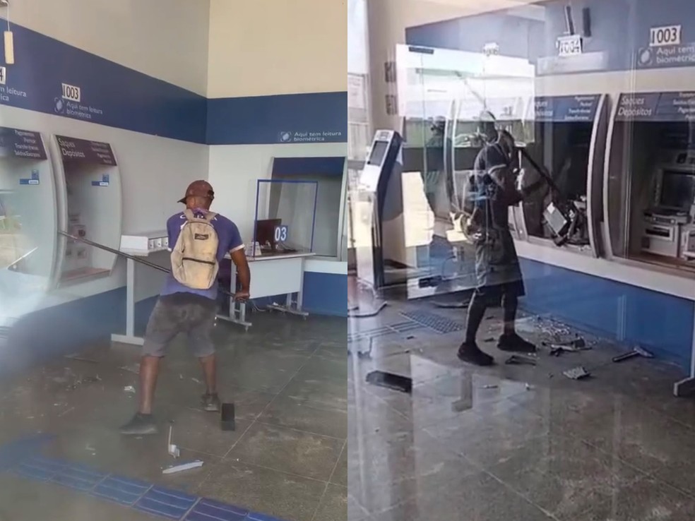 V&iacute;deo mostra homem quebrando caixa eletr&ocirc;nico com barra de ferro &mdash; Foto: Reprodu&ccedil;&atilde;o/redes sociais