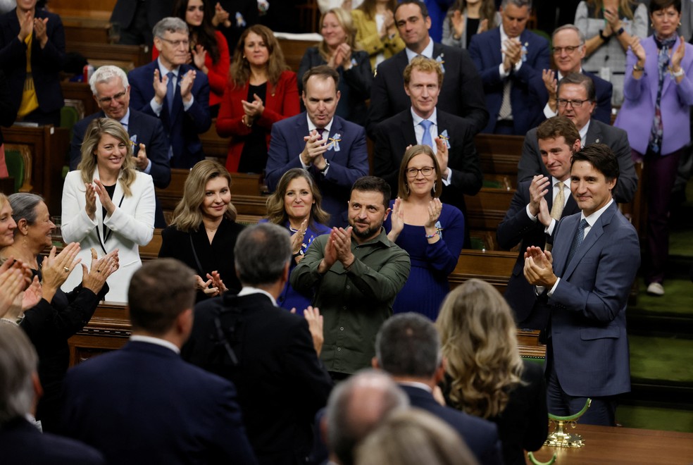 Volodymyr Zelensky e Justin Trudeau no Parlamento do Canadá em 22 de setembro de 2023 — Foto: Blair Gable/Reuters