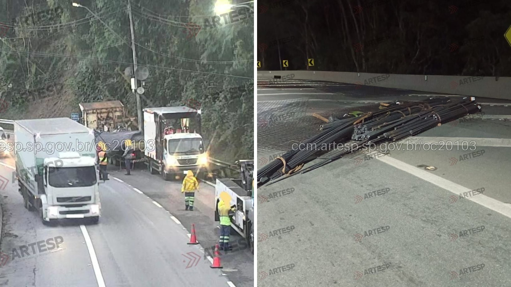 Caminhão derrama carga de ferro e causa interdição de 1h30 na Rodovia dos Tamoios, em Caraguatatuba