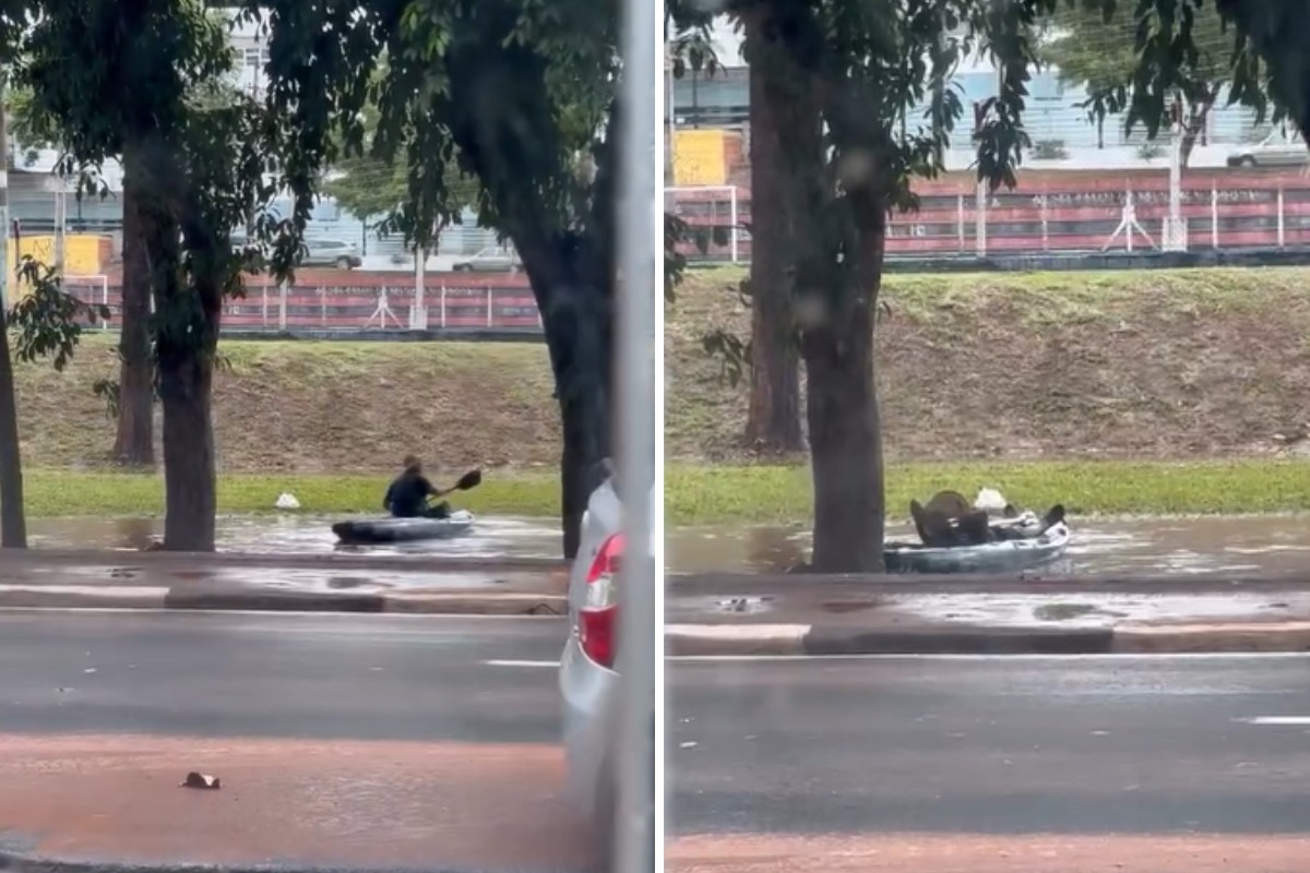 VIDEO: amigos viralizam ao usar caiaque em poça d'água formada pela chuva no interior de SP