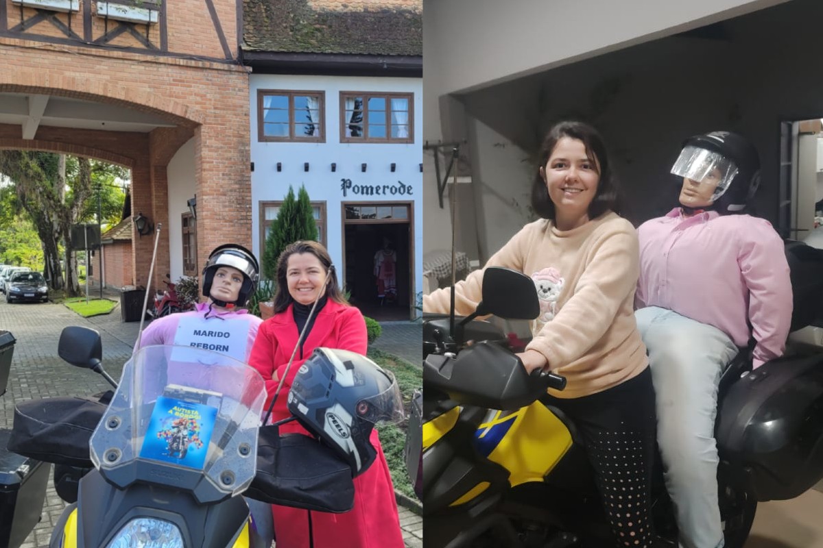 Estudante percorre mais de 2 mil km de MS a SC com 'marido reborn' na garupa de moto; veja vídeo