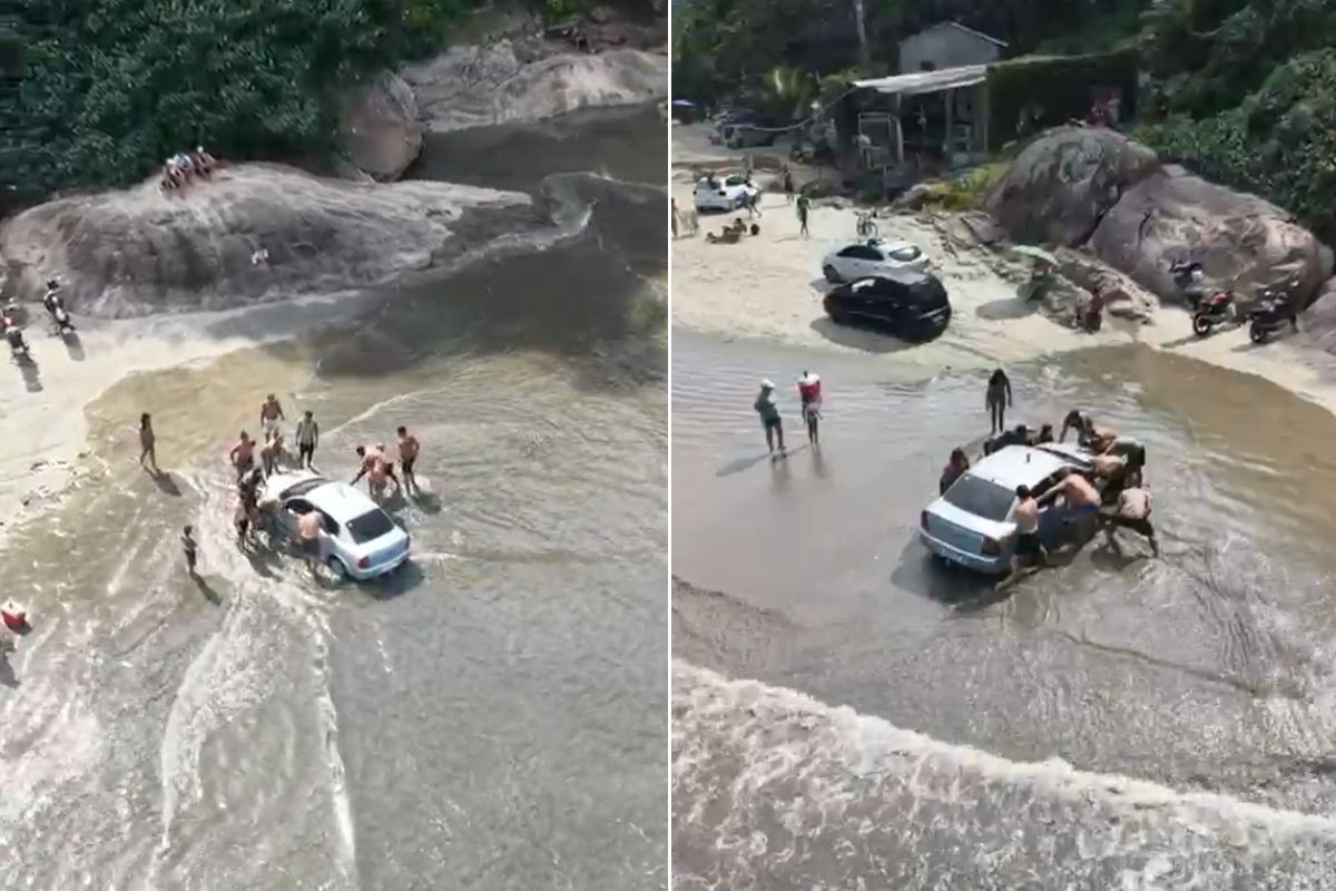 Carro atola na faixa de areia no litoral de SP e banhistas auxiliam na retirada; ASSISTA 