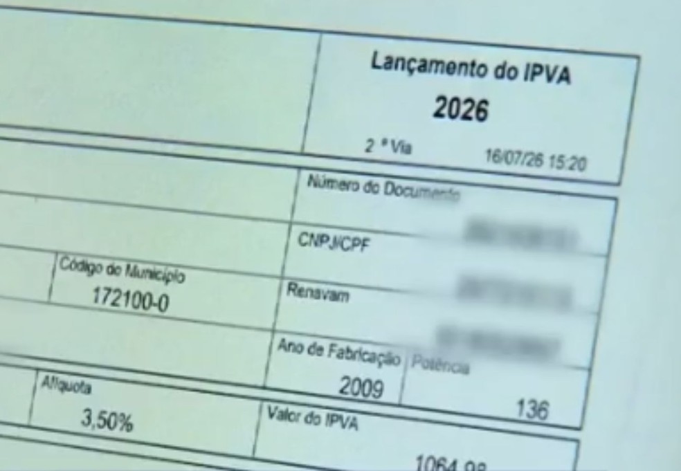 Boleto emitido para pagamento do IPVA — Foto: Reprodução/TV Anhanguera