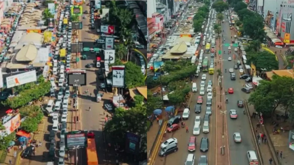Imagens mostram o antes e o depois de centro de Cidade do Leste — Foto: MOPC Paraguai