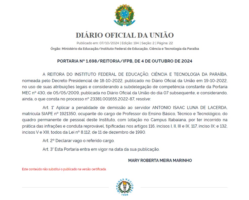 Antônio Isaac Luna de Lacerda é demitido do cargo de professor do Ensino Básico, Técnico e Tecnológico, do quadro permanente de pessoal deste Instituto, com lotação no Campus Itabaiana — Foto: Diário Oficial da União/reprodução