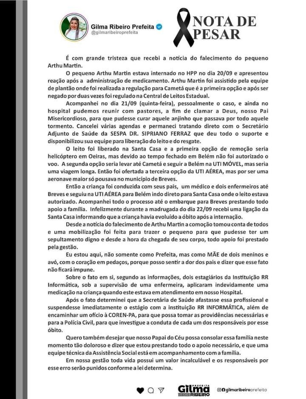 Prefeitura de Oeiras do Pará publicou nota nas redes sociais após morte da criança — Foto: Reprodução
