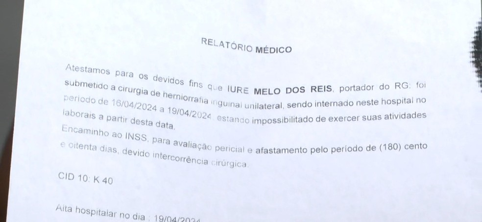 Iuri Melo recebeu um atestado médico com afastamento do trabalho por seis meses. — Foto: Reprodução/TV Bahia
