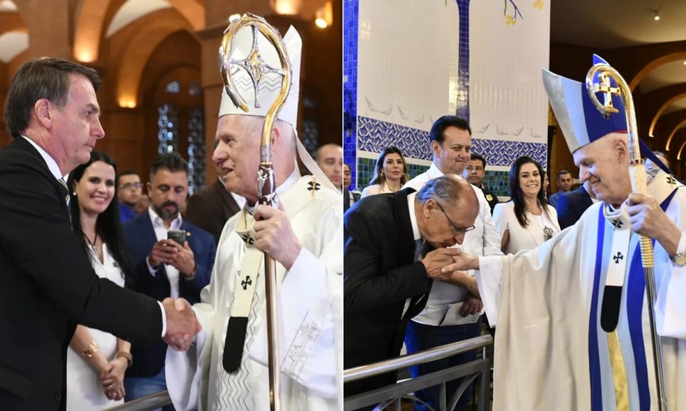 Ex presidente Jair Bolsonaro, pai de Flávio, Alckmin, vice de Lula e Kassab, vice de Caiado, em agenda na basílica. — Foto: Reprodução