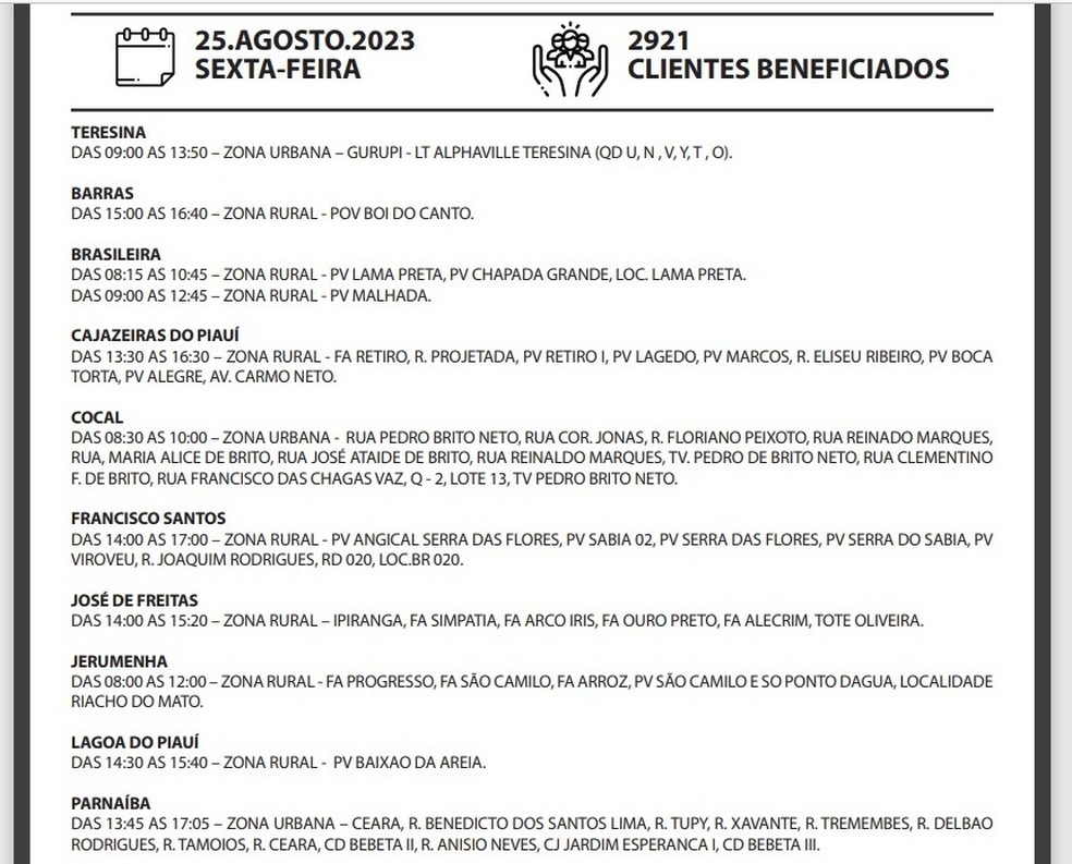 Desligamentos programados pela Equatorial nesta sexta-feira (25) no Piauí — Foto: Divulgação