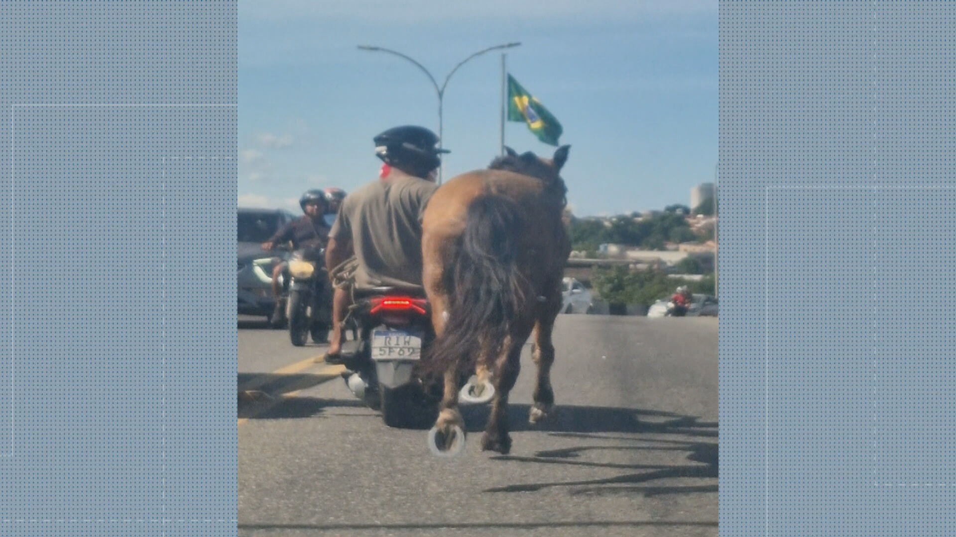 Homem na garupa de moto é flagrado puxando cavalo em viaduto de Nova Iguaçu