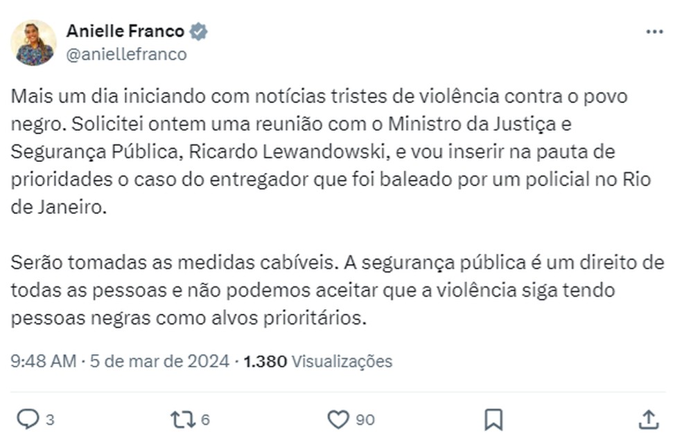 Ministra Anielle Franco diz que 'medidas cabíveis' serão tomadas — Foto: Reprodução/Redes sociais