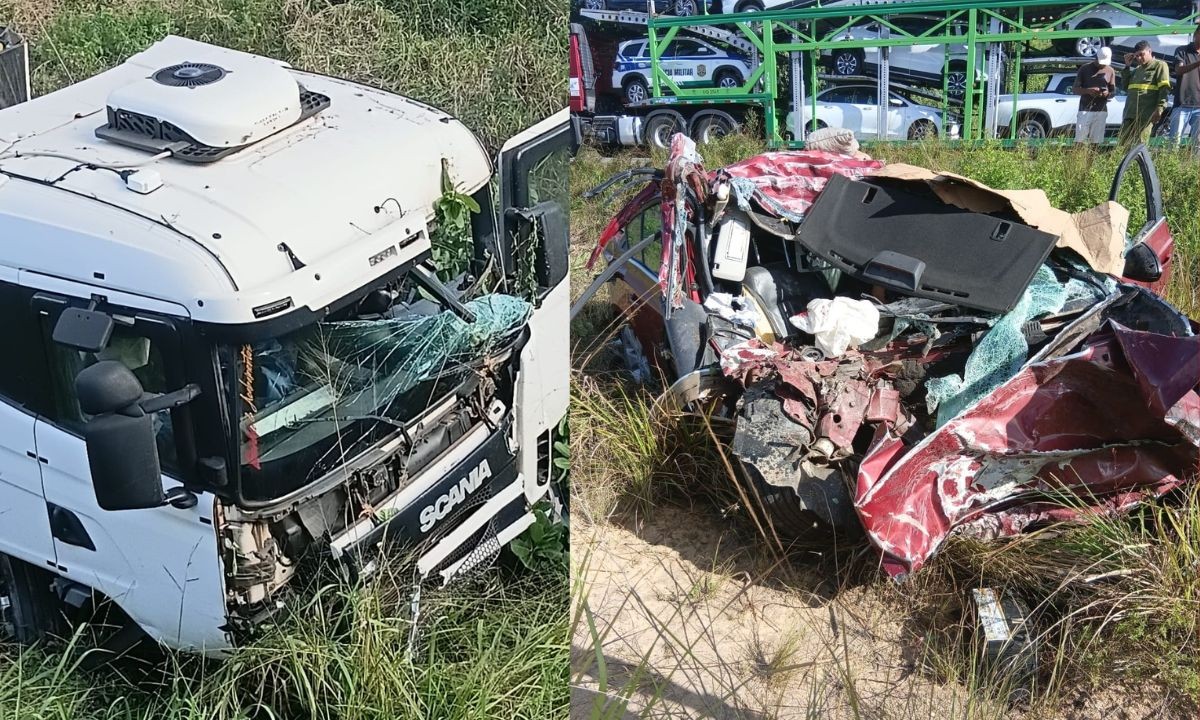 Colisão frontal entre carreta e carro deixa motorista preso às ferragens na BR-101