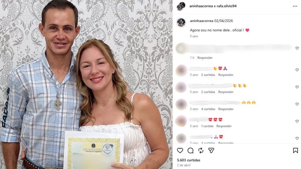 Anna Correa e o peão Rafael Silvio, que morreu em Votuporanga (SP), oficializaram o casamento em abril deste ano — Foto: Reprodução/Instagram