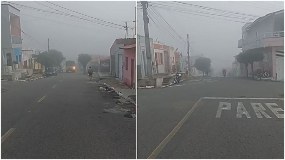 A cidade de Parambu, no interior do Ceará, amanheceu com névoa nesta terça-feira (12) — Foto: Reprodução