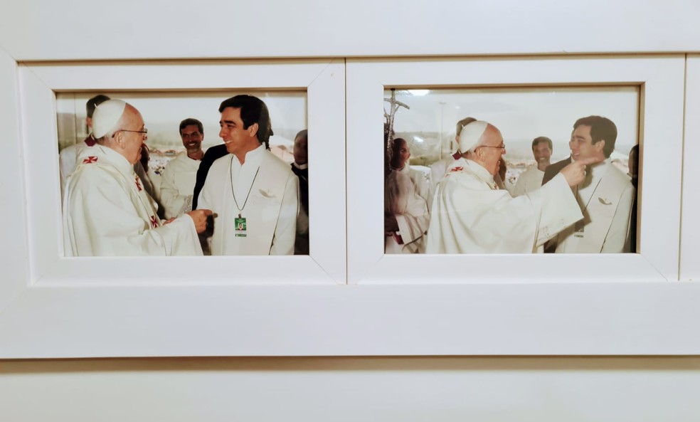 Padre Célio Lopes e papa Francisco em Aparecida (SP). — Foto: Arquivo pessoal/Célio Lopes