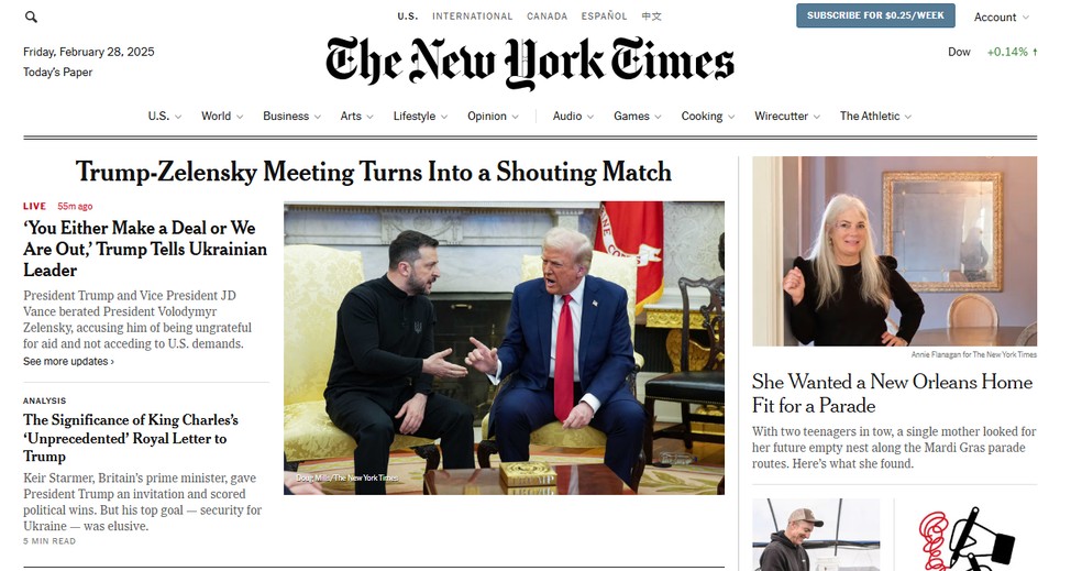 Capa do jornal The New York Times nesta sexta (28). — Foto: Reprodução