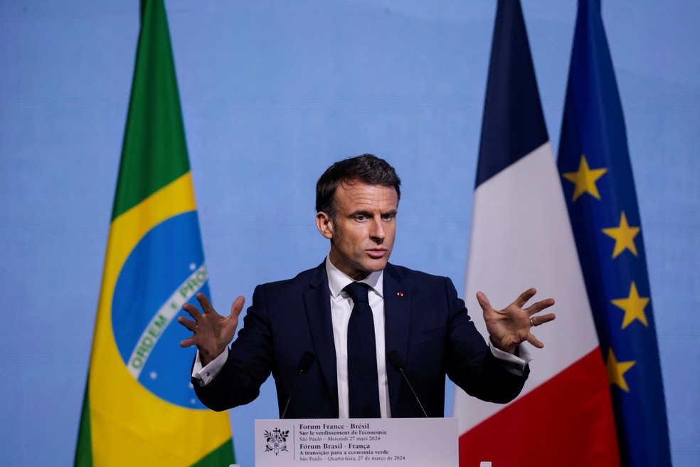 Presidente francês, Emmanuel Macron, fala durante o Fórum Econômico Brasil-França, em São Paulo. — Foto: Reuters
