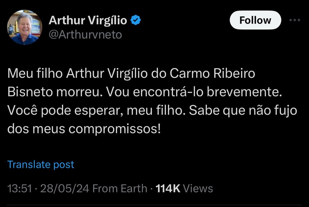 Athur Neto lamenta morte de filho, ex-deputado federal Arthur Bisneto. — Foto: Reprodução/Redes Sociais
