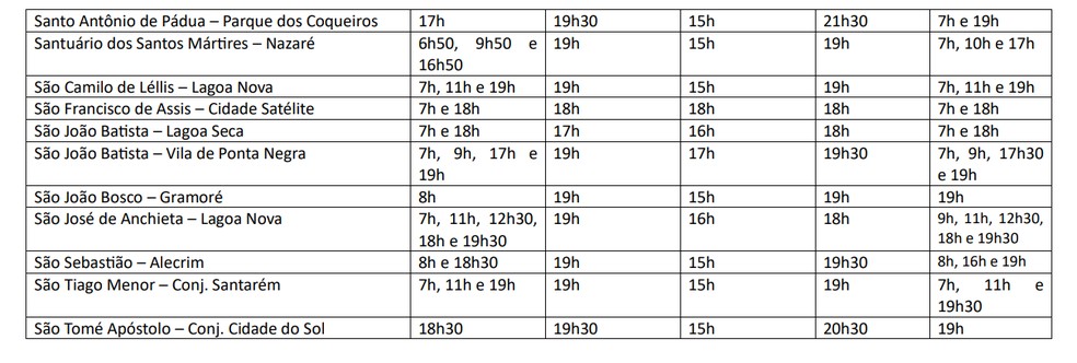 Programação das missas em Natal — Foto: Divulgação