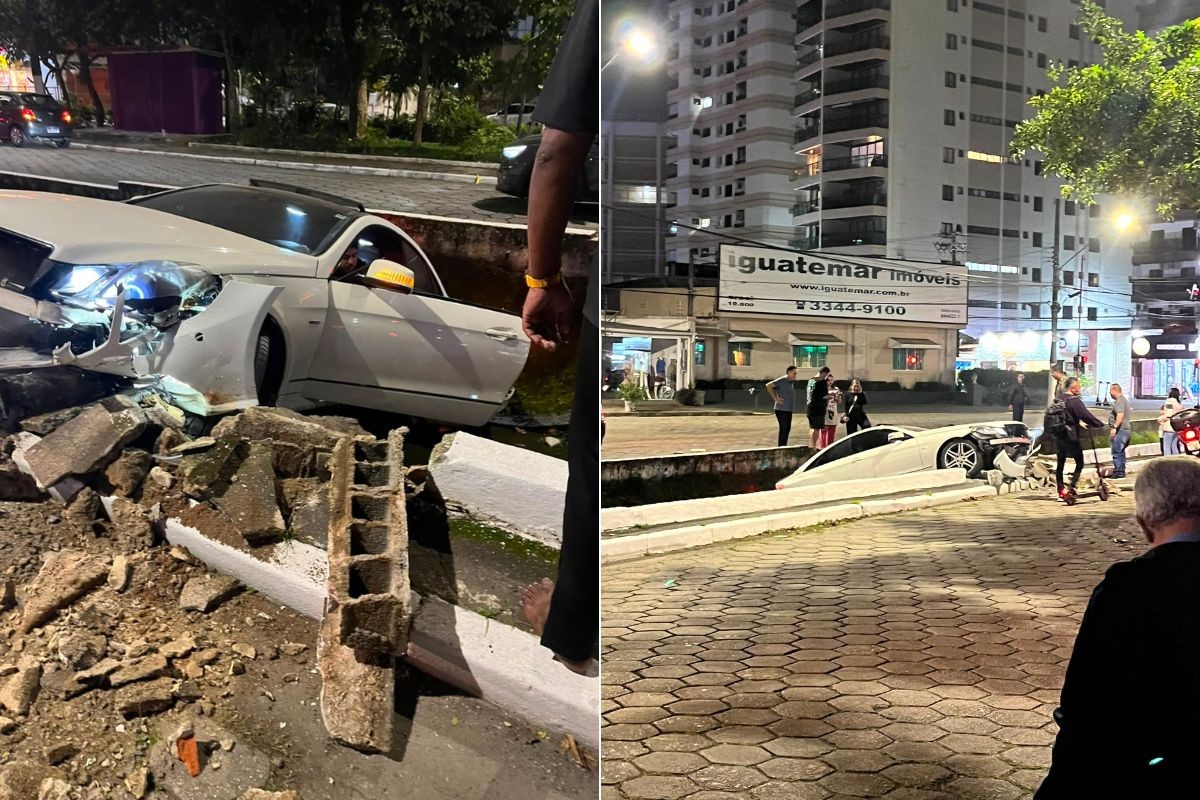 Motorista acelera e carro cai dentro de canal no litoral de SP; câmera flagrou acidente