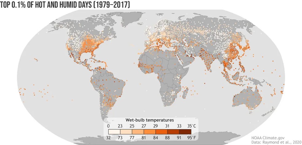 Mapa da pesquisa mostra regiões com índices de calor alto — Foto: Reprodução