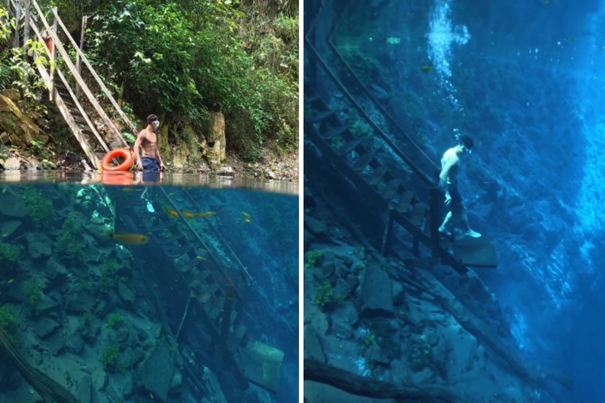 Escada submersa na Lagoa Misteriosa impressiona com água cristalina e caminhada subaquática; VÍDEO