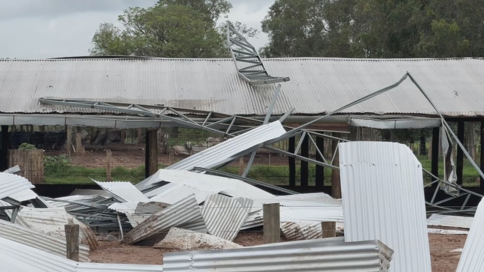 Em Presidente Prudente (SP), empresa de produção de couro animal teve prejuízo de R$ 2 milhões, após as estruturas metálicas ficarem destruídas — Foto: Aceituno Jr./TV TEM