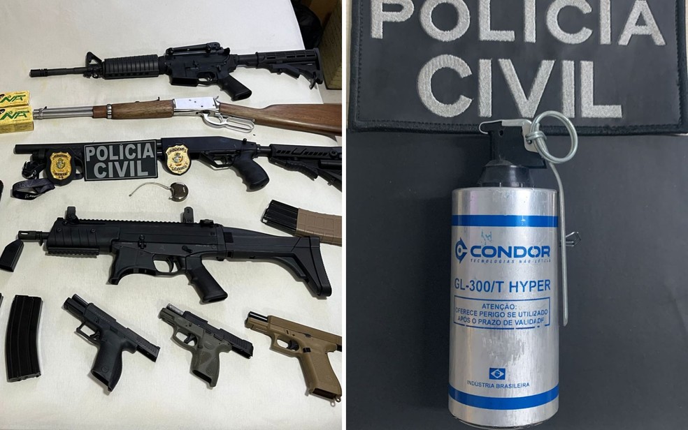armas de fogo, munições e granada de gás lacrimogêneo apreendidas com o falso advogado — Foto: Divulgação/Polícia Civil